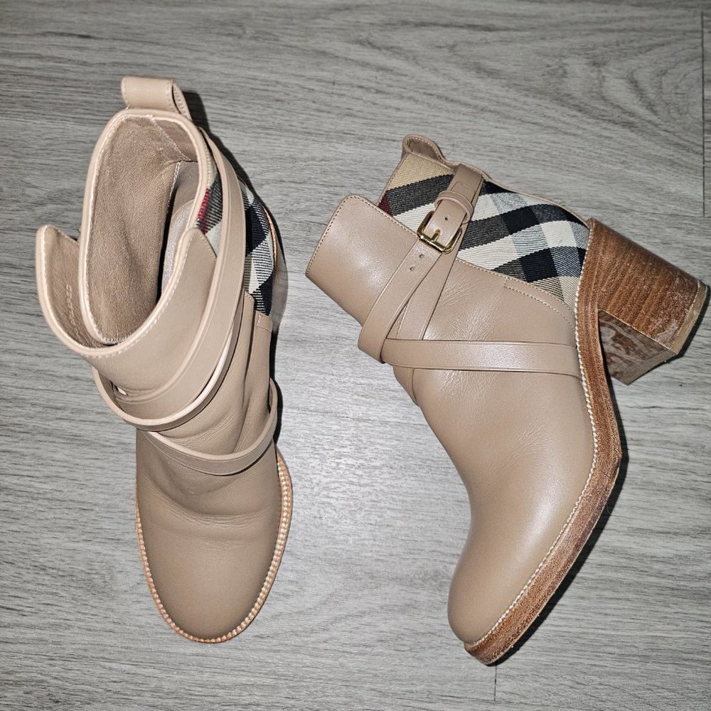 Burberry Pryle House Check Leather Ankle Boots Beige US Womens Size 6.5/7 EUS 37 - Picture 8 of 15